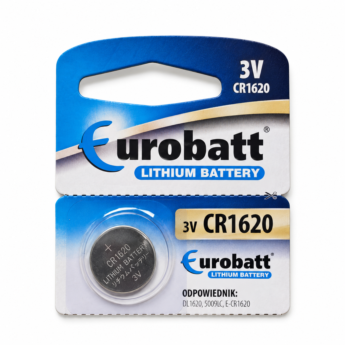 Baterie Eurobatt CR1620 3V – zbliżenie oznaczenia i fragmentu blistra z zestawu 5 sztuk