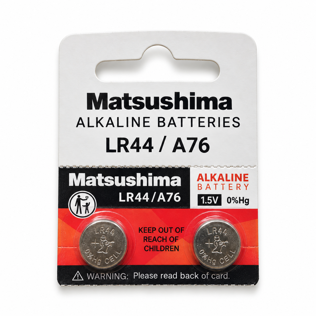 Baterie Matsushima LR44 / A76 1,5 V – zbliżenie oznaczenia i fragmentu blistra z zestawu 10 sztuk