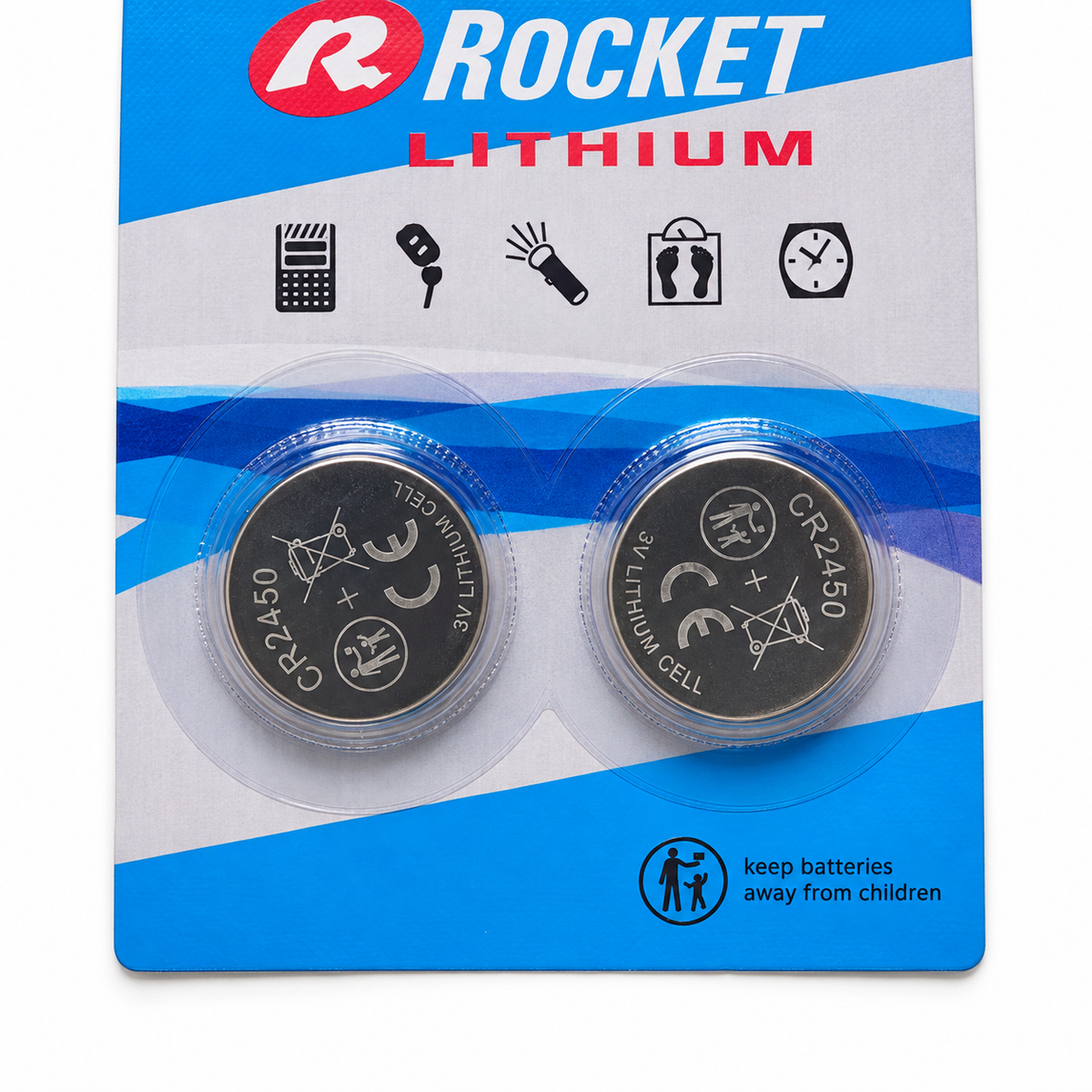 Baterie Rocket CR2450 3V – zbliżenie dwóch baterii w blistrze z zestawu 2 sztuk
