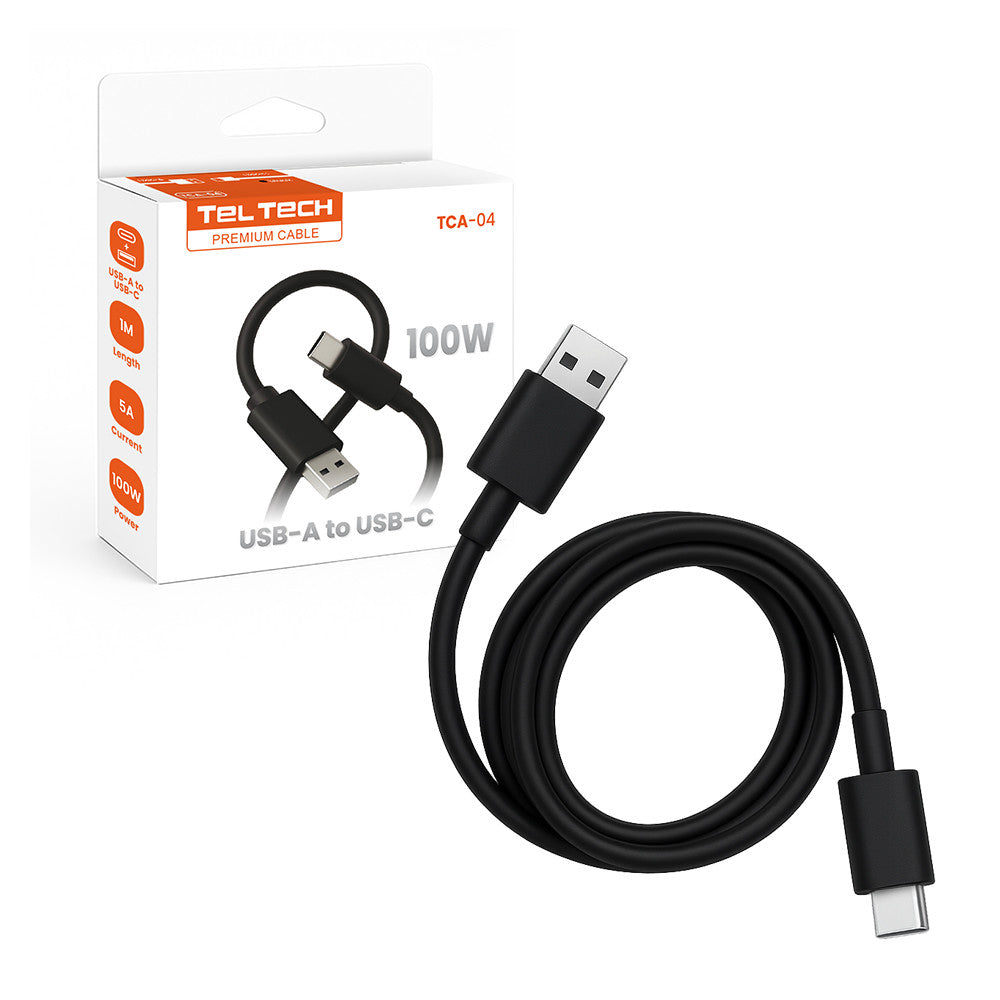 Kabel Teltech TCA-04 USB-A do USB-C 100W 5A 1 m czarny – opakowanie i kabel